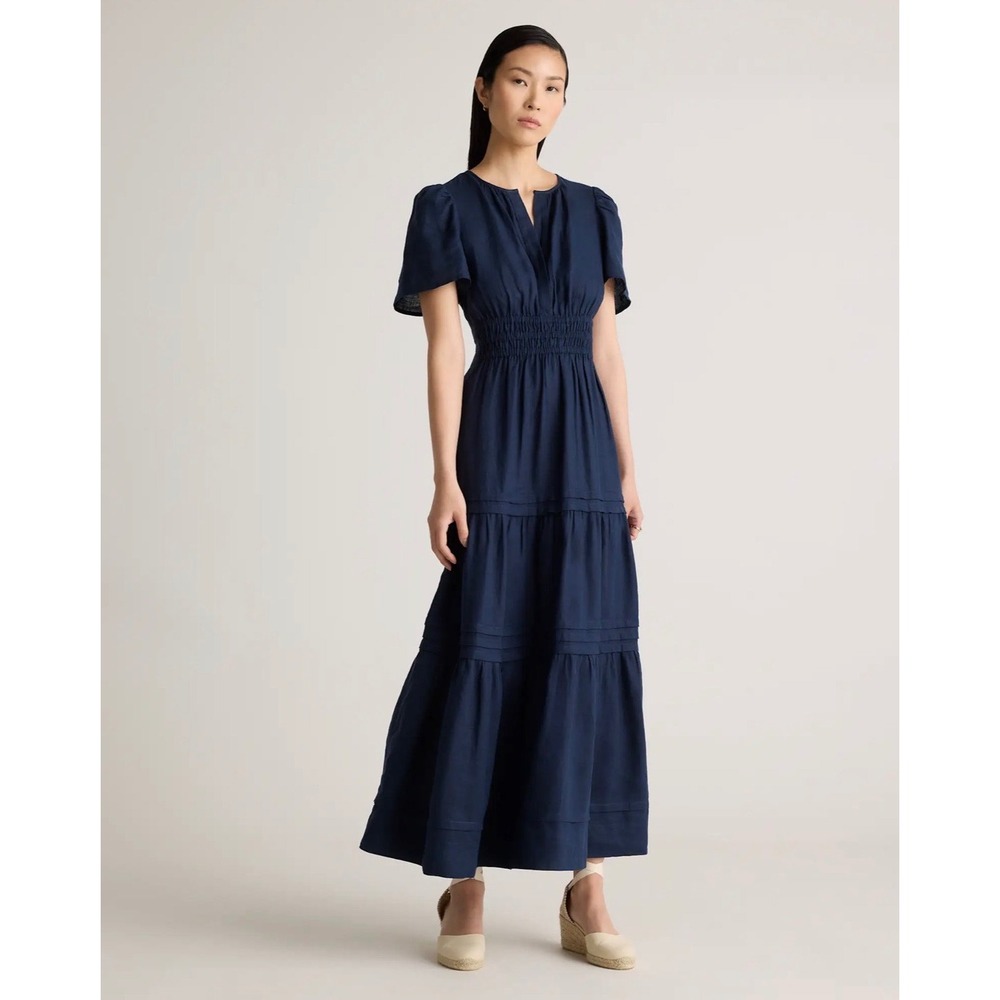 Quince 100% European Linen Tiered Maxi Dress Navy Blue Smocked Waist Size L